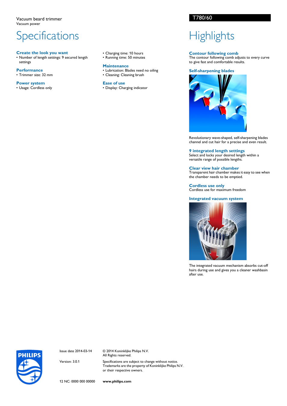 Specifications, Highlights | Philips Norelco Vacuum beard trimmer T780 Vacuum power User Manual | Page 2 / 2