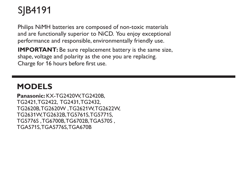 Philips Cordless phone battery SJB4191 NiMH 2.4V 830mAh User Manual | 1 page