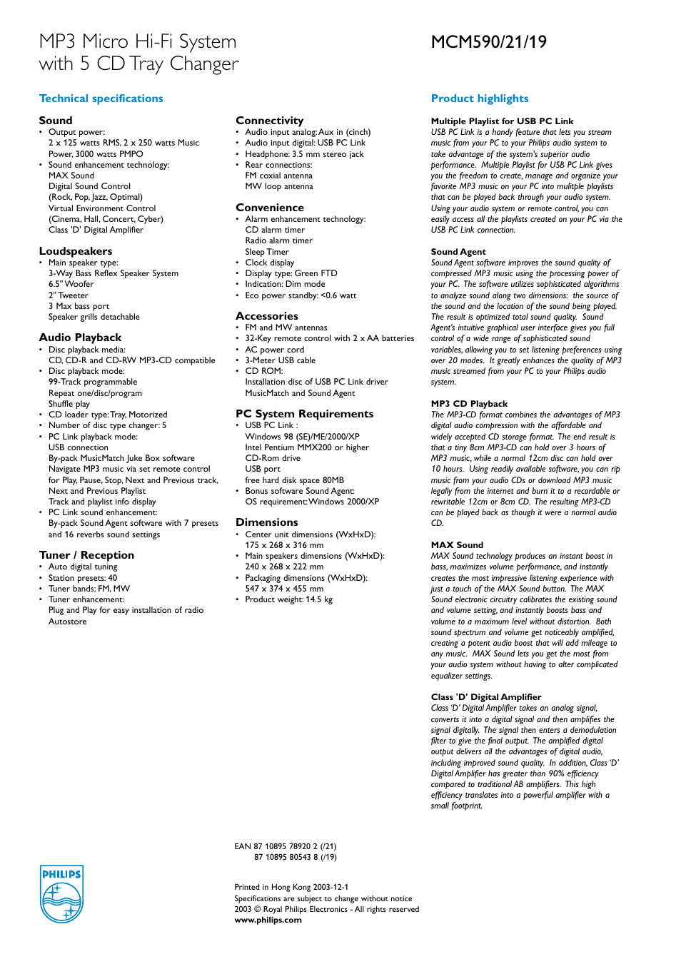 Mp3 micro hi-fi system with 5 cd tray changer | Philips MCM590-37B User Manual | Page 2 / 2