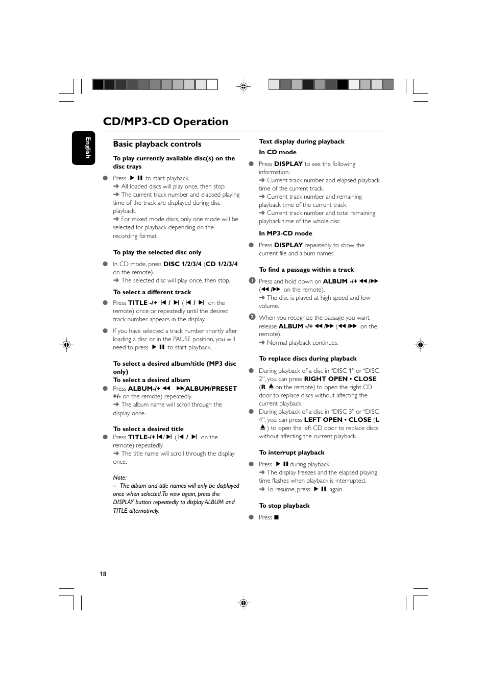 Cd/mp3-cd operation, Basic playback controls | Philips MCM309R-37 User Manual | Page 18 / 35