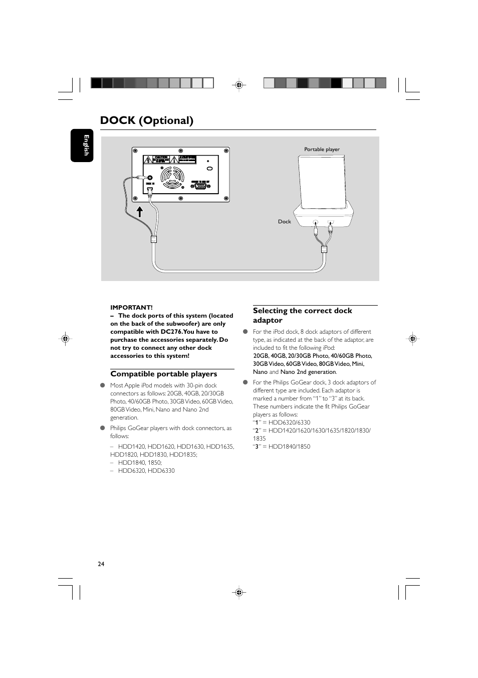 Dock (optional), Compatible portable players, Selecting the correct dock adaptor | Philips MCM309R-37 User Manual | Page 24 / 35