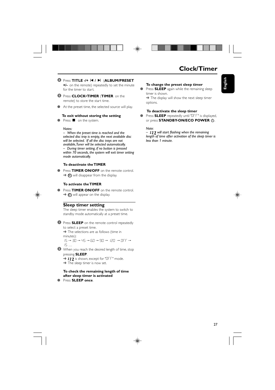 Clock/timer, Sleep timer setting | Philips MCM309R-37 User Manual | Page 27 / 35