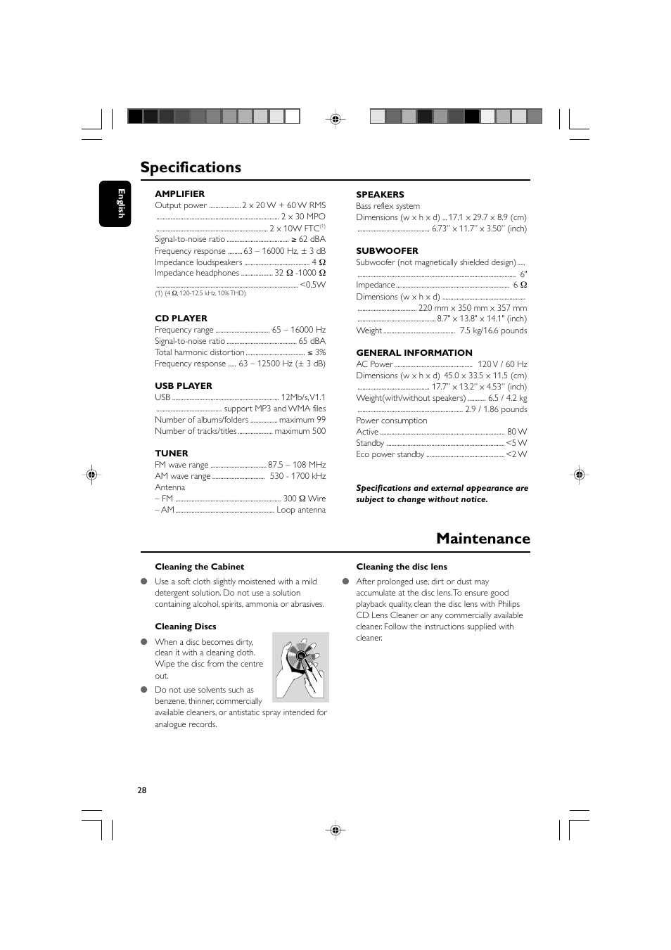 Maintenance specifications | Philips MCM309R-37 User Manual | Page 28 / 35