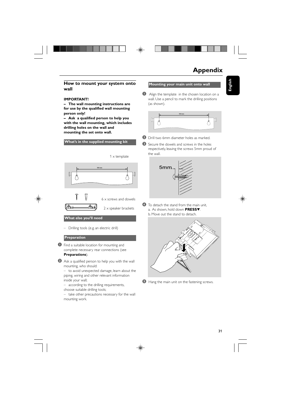 Appendix, How to mount your system onto wall | Philips MCM309R-37 User Manual | Page 31 / 35