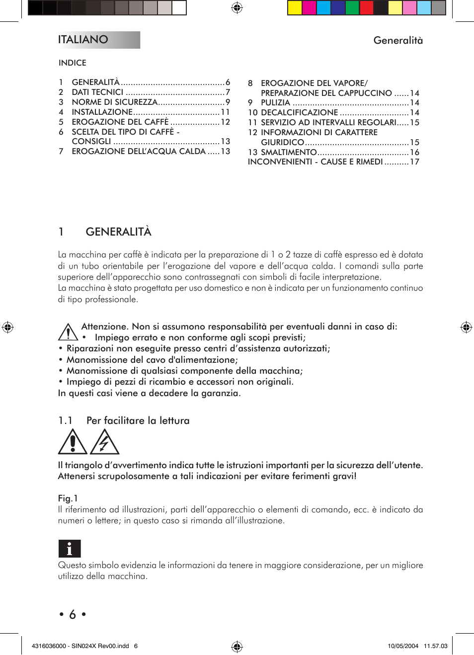 Italiano, 1generalità | Philips 10000081 User Manual | Page 6 / 92