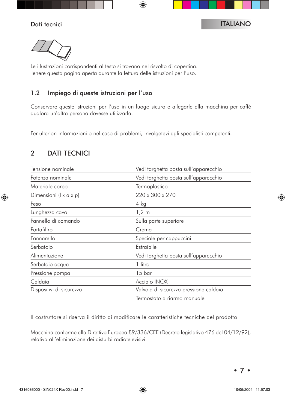 Italiano, 2dati tecnici | Philips 10000081 User Manual | Page 7 / 92