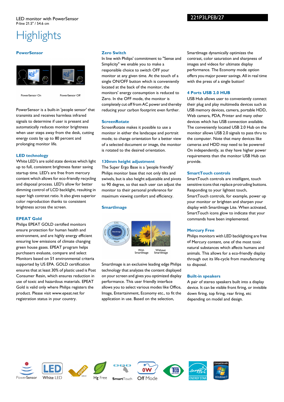 Highlights | Philips 221P3LPEB-27 User Manual | Page 2 / 3
