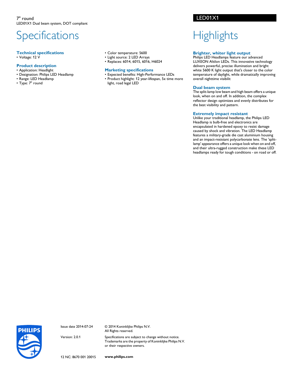Specifications, Highlights, Led01x1 | Philips LED01X1 User Manual | Page 2 / 2