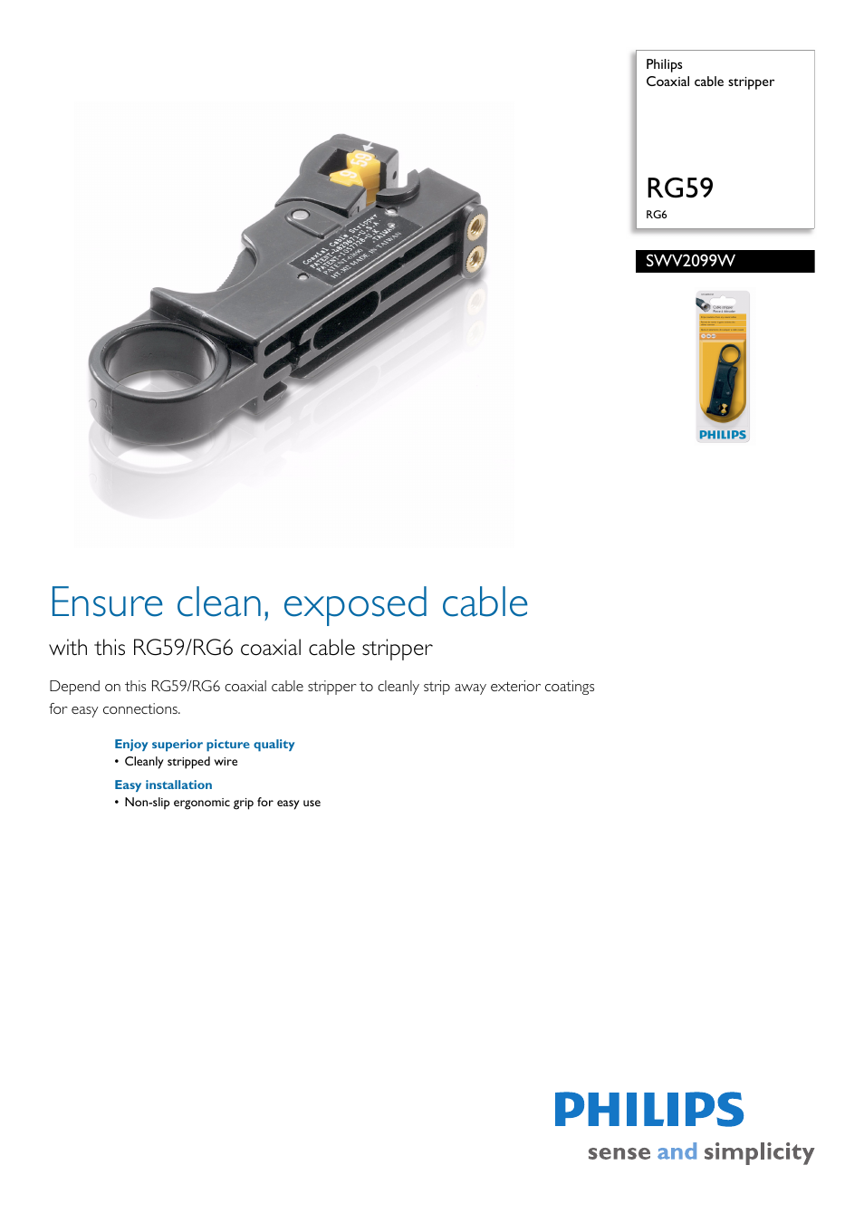 Philips Coaxial cable stripper SWV2099W RG59 RG6 User Manual | 2 pages