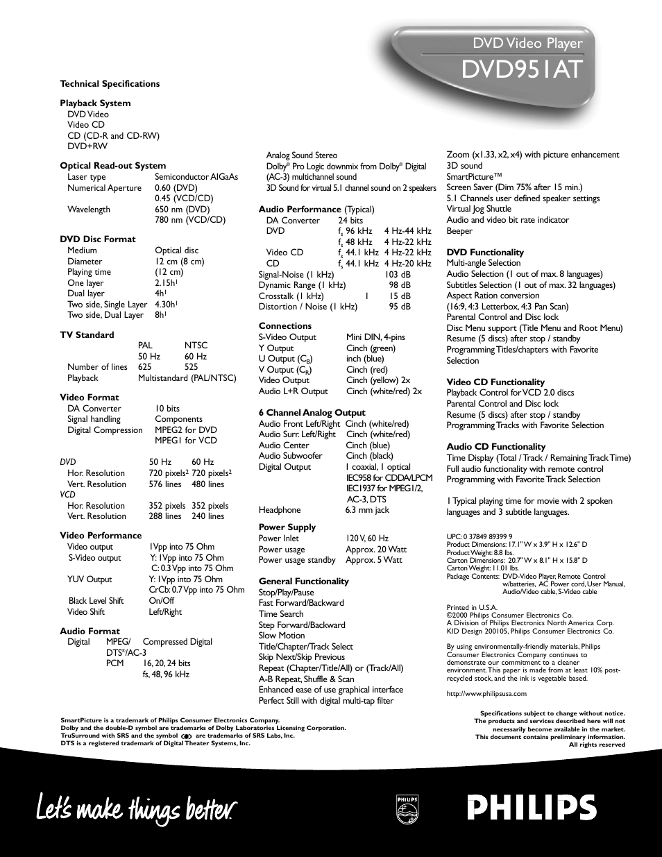 Dvd951at, Dvd video player | Philips DVD951AT99 User Manual | Page 2 / 2