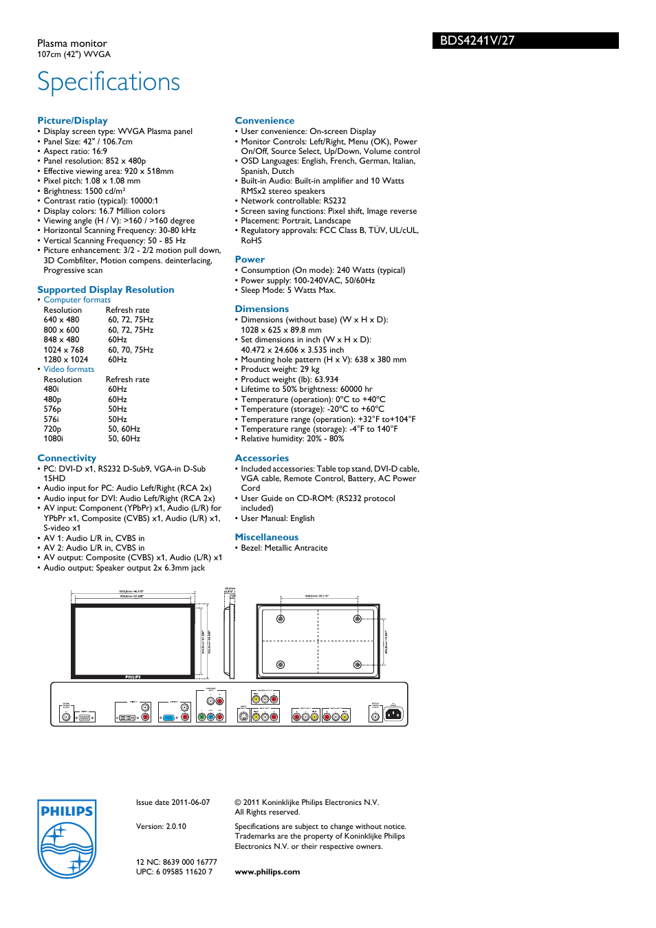 Specifications | Philips BDS4241V-27B User Manual | Page 3 / 3