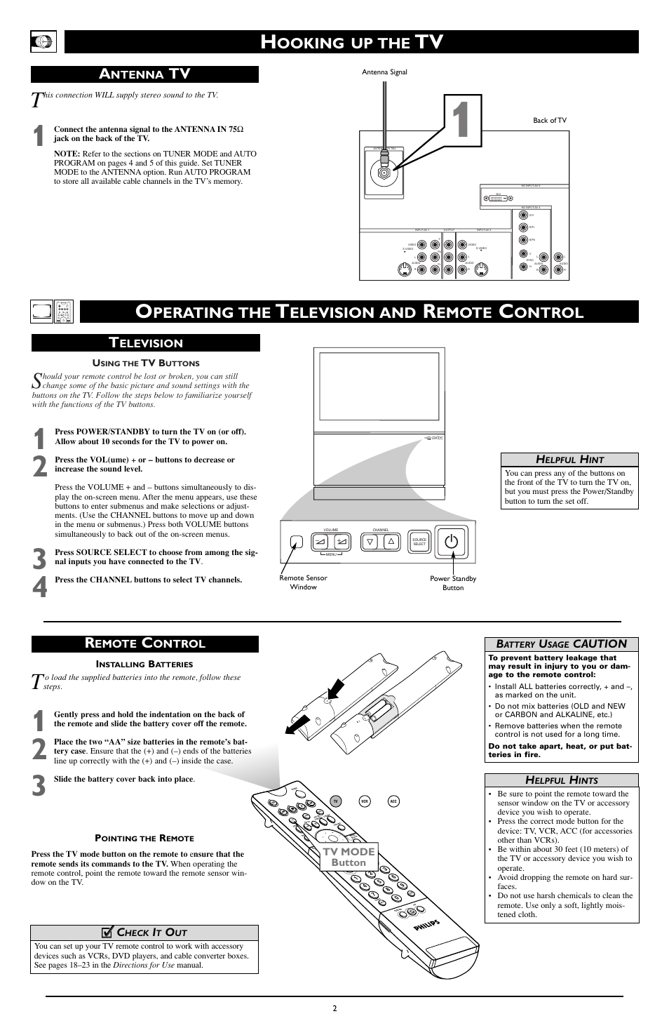 Perating the, Elevision and, Emote | Ontrol t, Ooking up the, Elevision, Ontrol, Cc c, Caution, Ntenna | Philips 60PP9363H-17 User Manual | Page 2 / 8