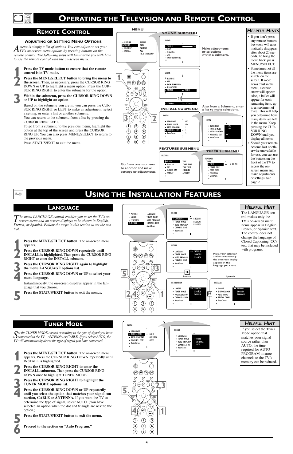 Sing the, Nstallation, Eatures l | Perating the, Elevision and, Uner, Anguage, Emote, Ontrol | Philips 60PP9363H-17 User Manual | Page 4 / 8