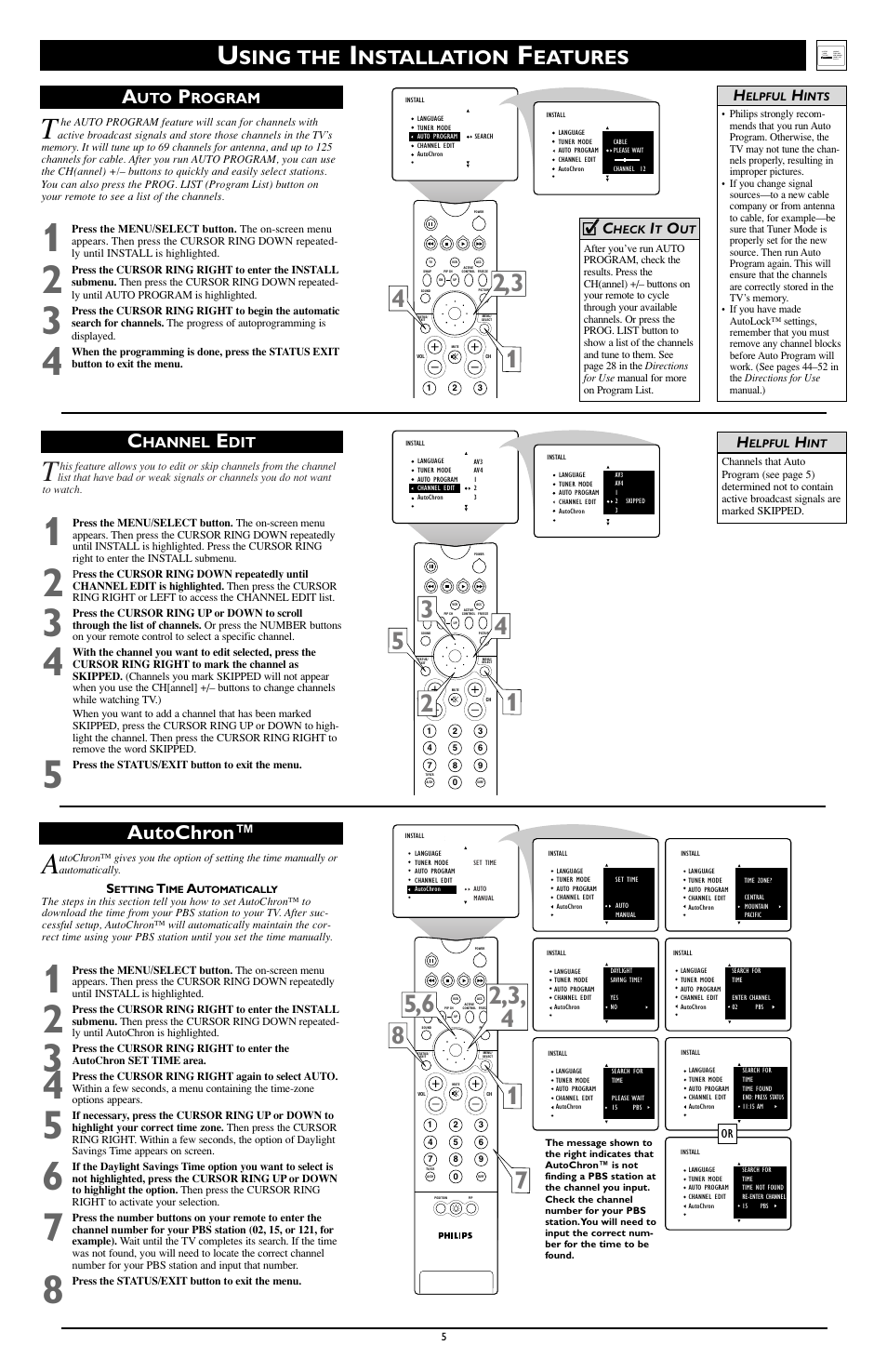 Sing the, Nstallation, Eatures autochron™ c | Hannel, Cc c, Rogram h | Philips 60PP9363H-17 User Manual | Page 5 / 8