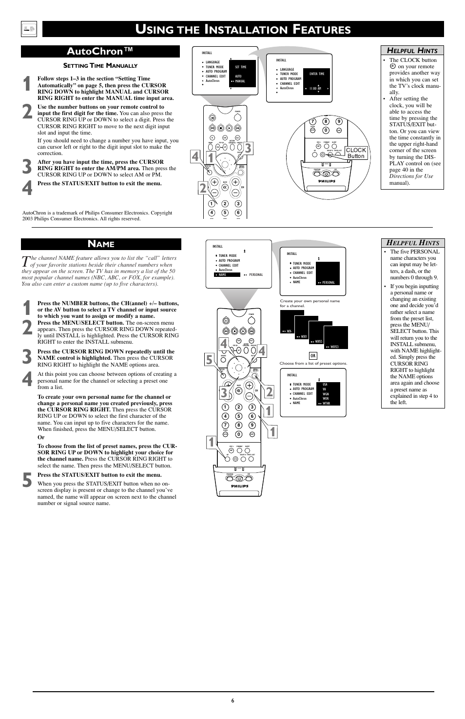 Sing the, Nstallation, Eatures n | Autochron, Ame h | Philips 60PP9363H-17 User Manual | Page 6 / 8