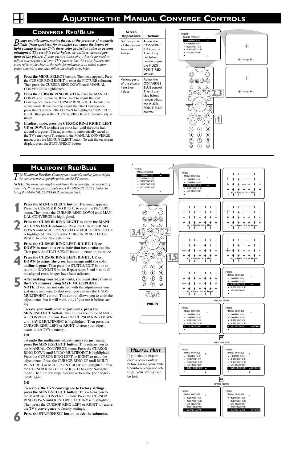 Djusting the, Anual, Onverge | Ontrols c, Ultipoint | Philips 60PP9363H-17 User Manual | Page 8 / 8