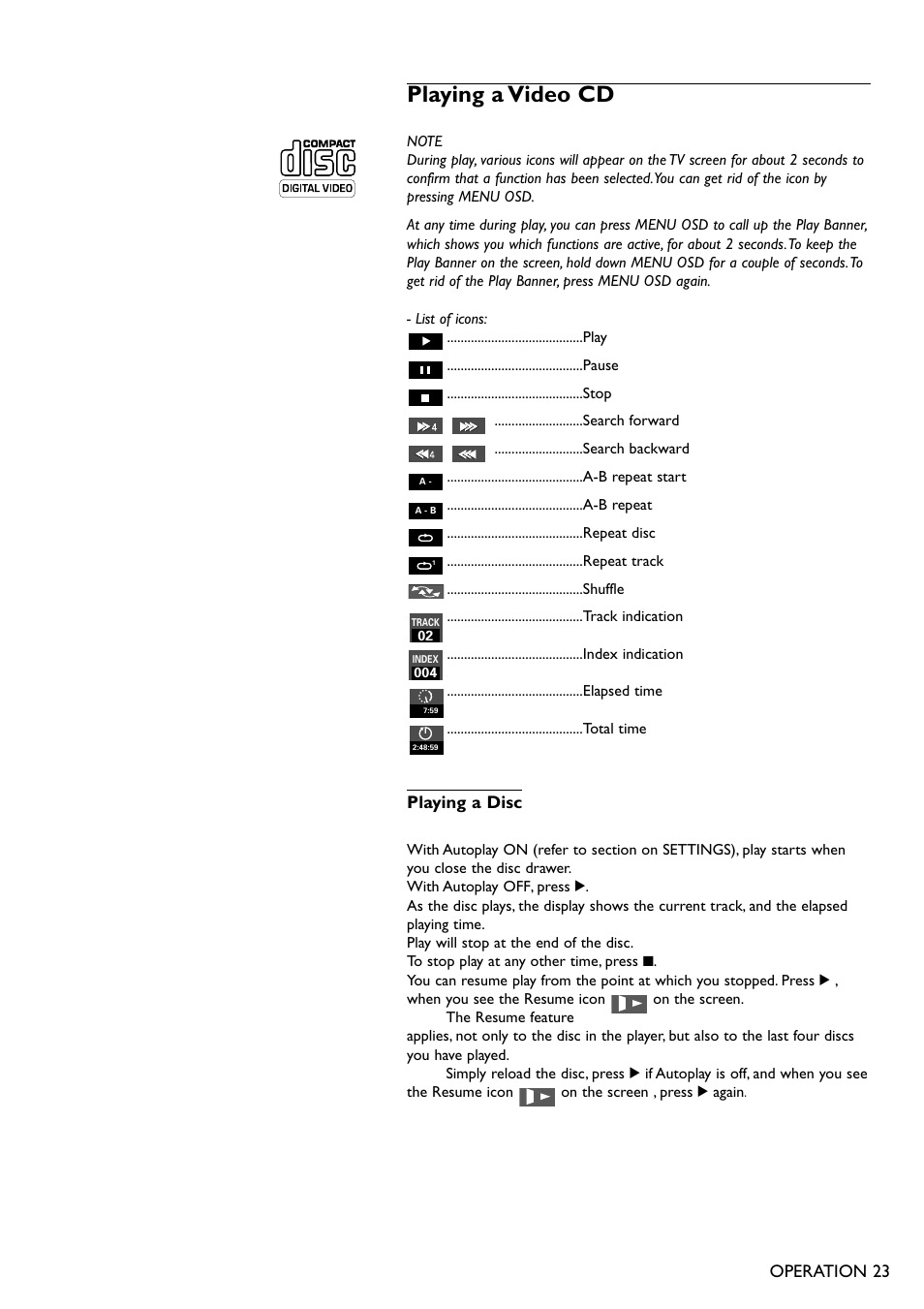 Playing a video cd | Philips DVD701AT99 User Manual | Page 23 / 34