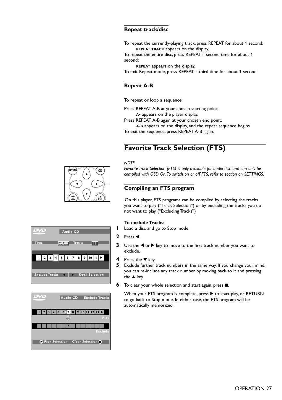 Favorite track selection (fts), Operation 27 repeat track/disc, Repeat a-b | Compiling an fts program | Philips DVD701AT99 User Manual | Page 27 / 34