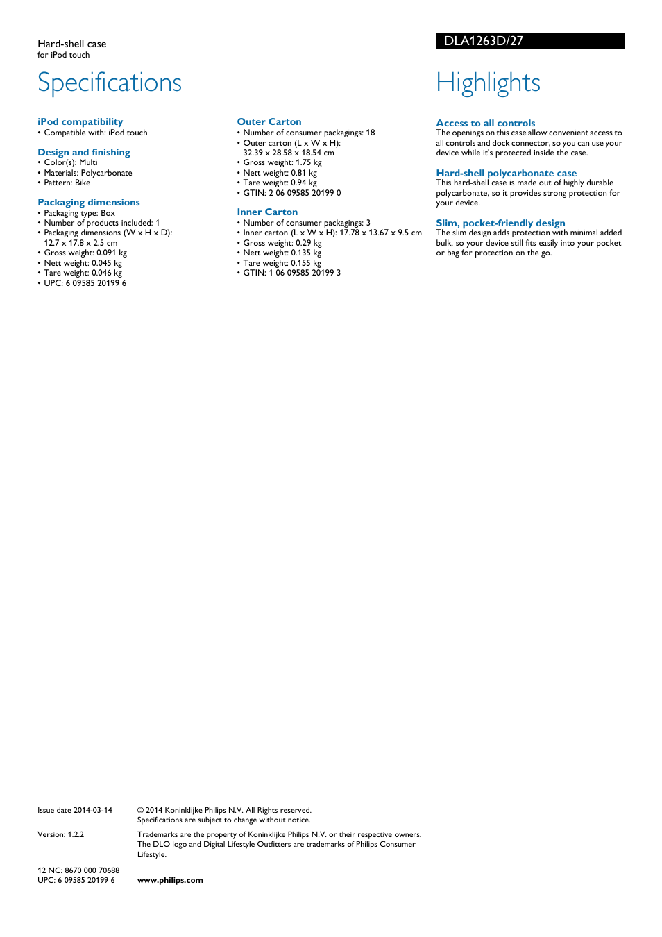 Specifications, Highlights | Philips DLA1263D-27 User Manual | Page 2 / 2