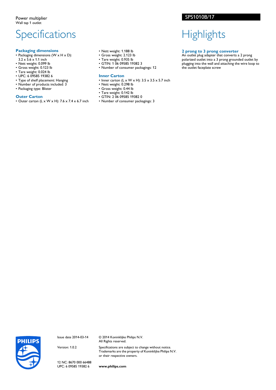 Specifications, Highlights | Philips SPS1010B-17 User Manual | Page 2 / 2