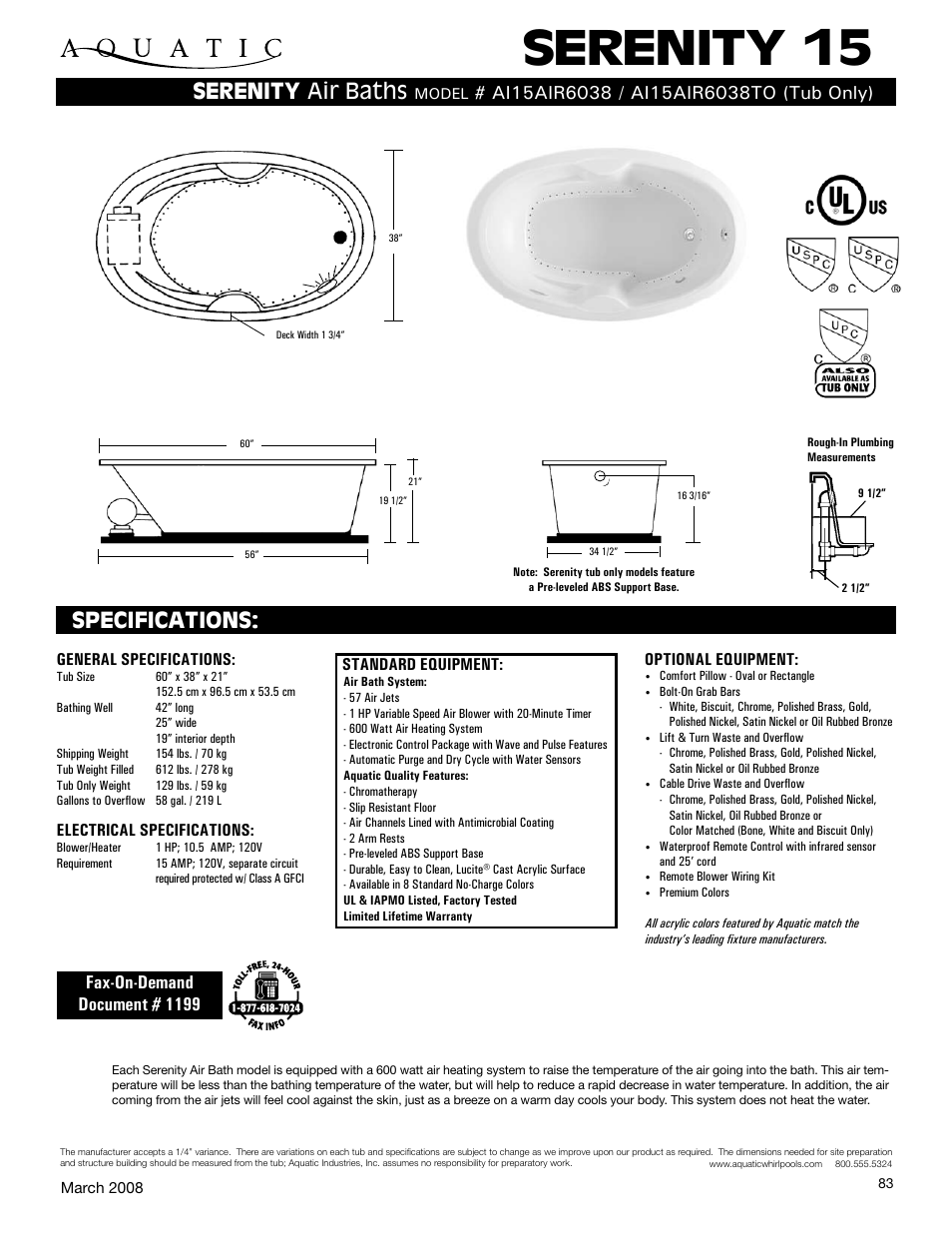 Aquatic SERENITY 15 AI15AIR6038 User Manual | 1 page