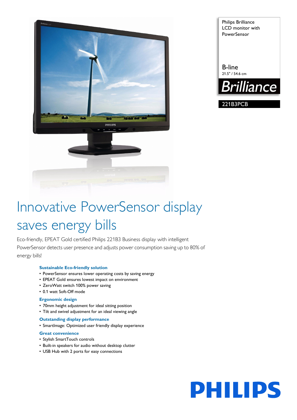 Philips Brilliance LCD monitor 221B3PCB B-line 21.5" - 54.6 cm with PowerSensor User Manual | 3 pages