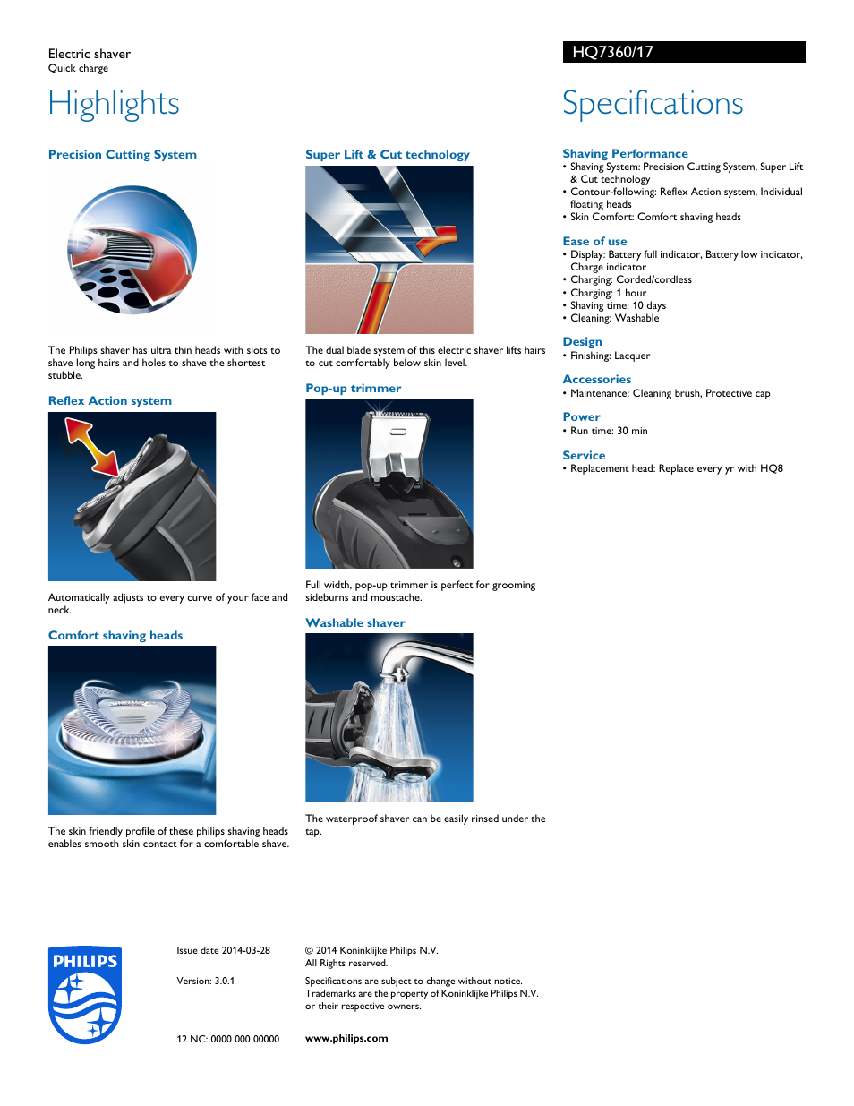 Highlights, Specifications | Philips 7000 series Electric shaver HQ7360 Quick charge User Manual | Page 2 / 2