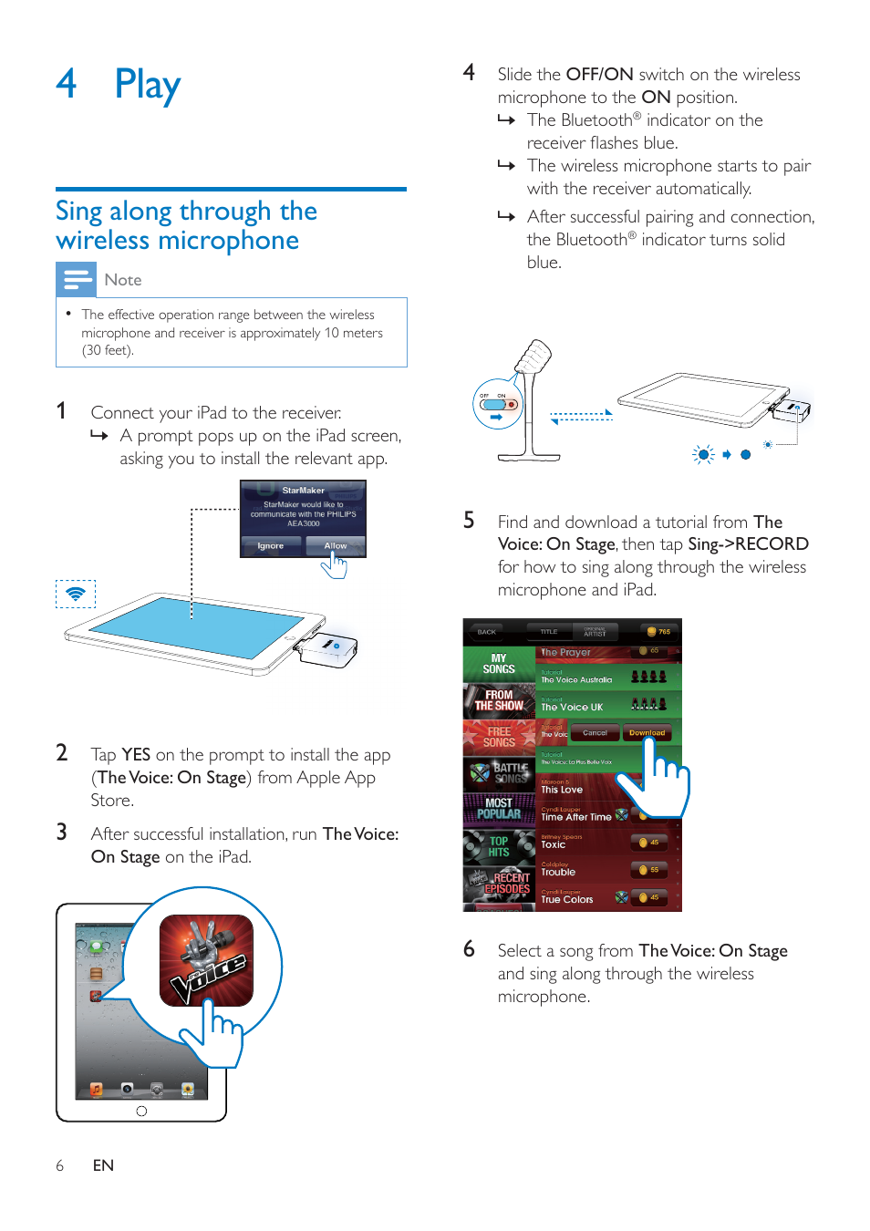 4 play, Sing along through the wireless microphone, Sing along through the wireless | Microphone 6 | Philips AEA3000-00 User Manual | Page 8 / 12