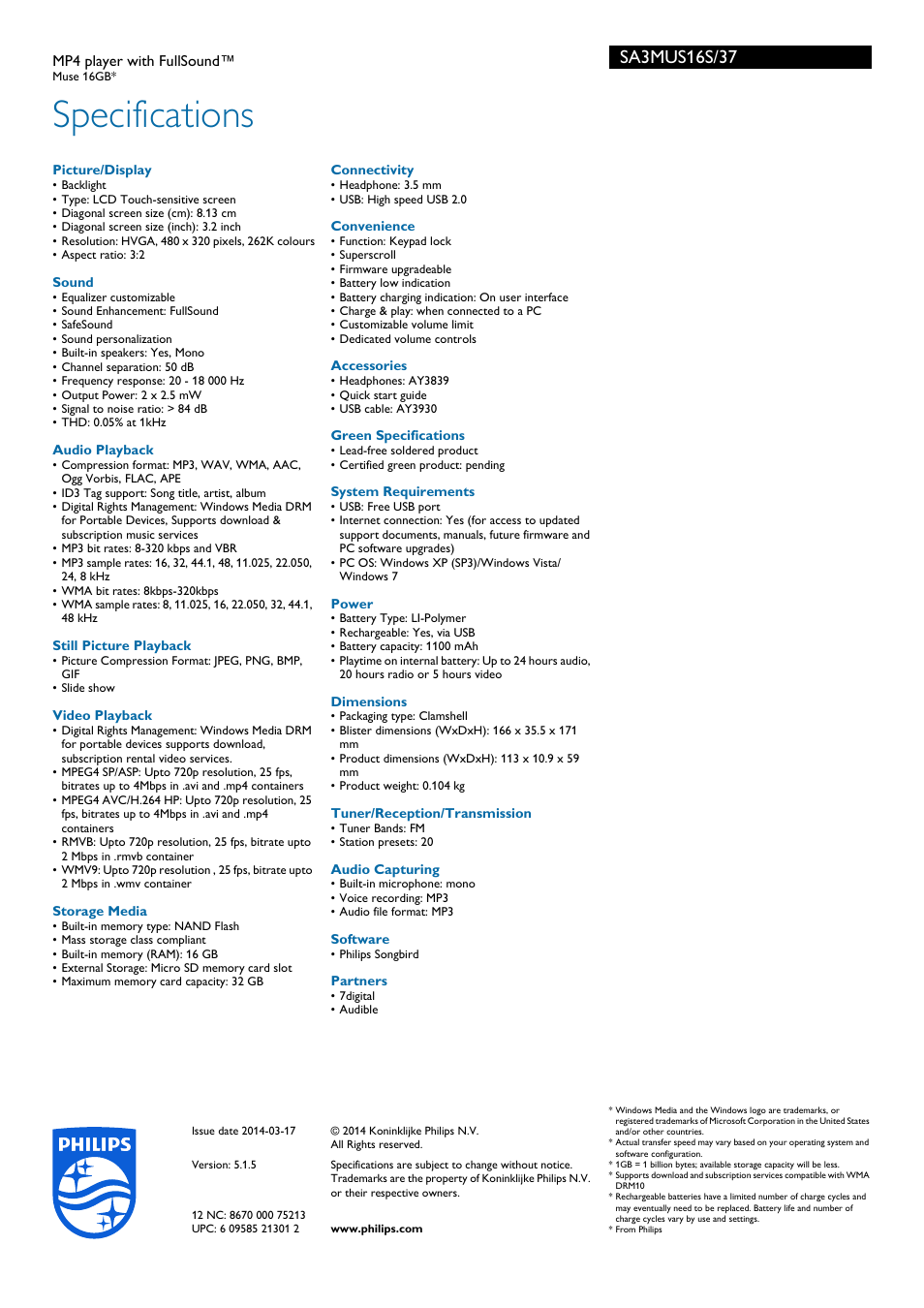 Specifications | Philips SA3MUS16S-37 User Manual | Page 3 / 3