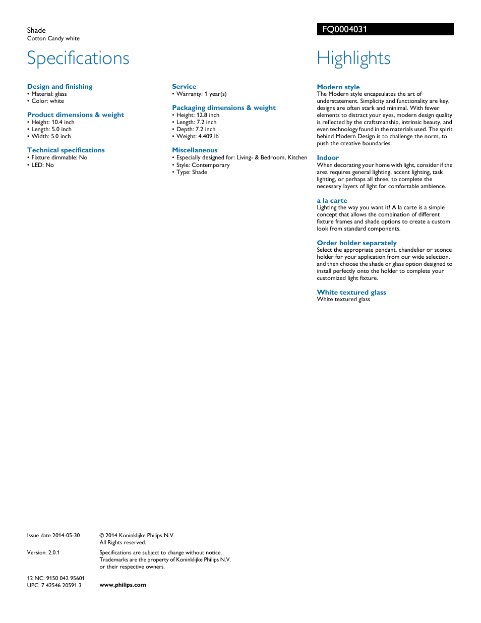 Specifications, Highlights | Philips FQ0004031 User Manual | Page 2 / 2