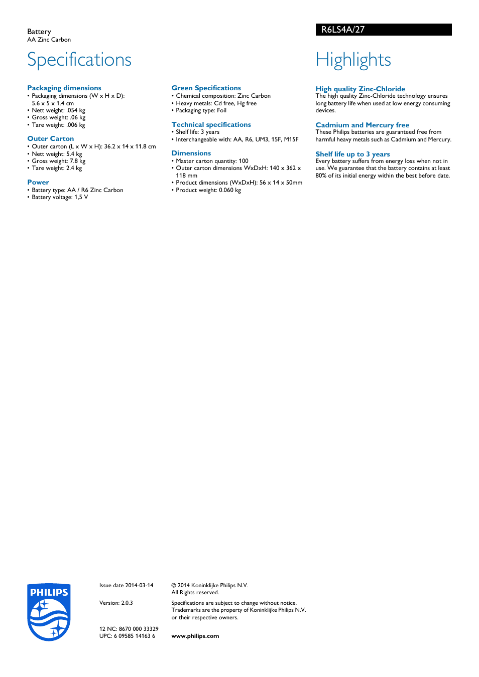 Specifications, Highlights, R6ls4a/27 | Philips R6LS4A-27 User Manual | Page 2 / 2