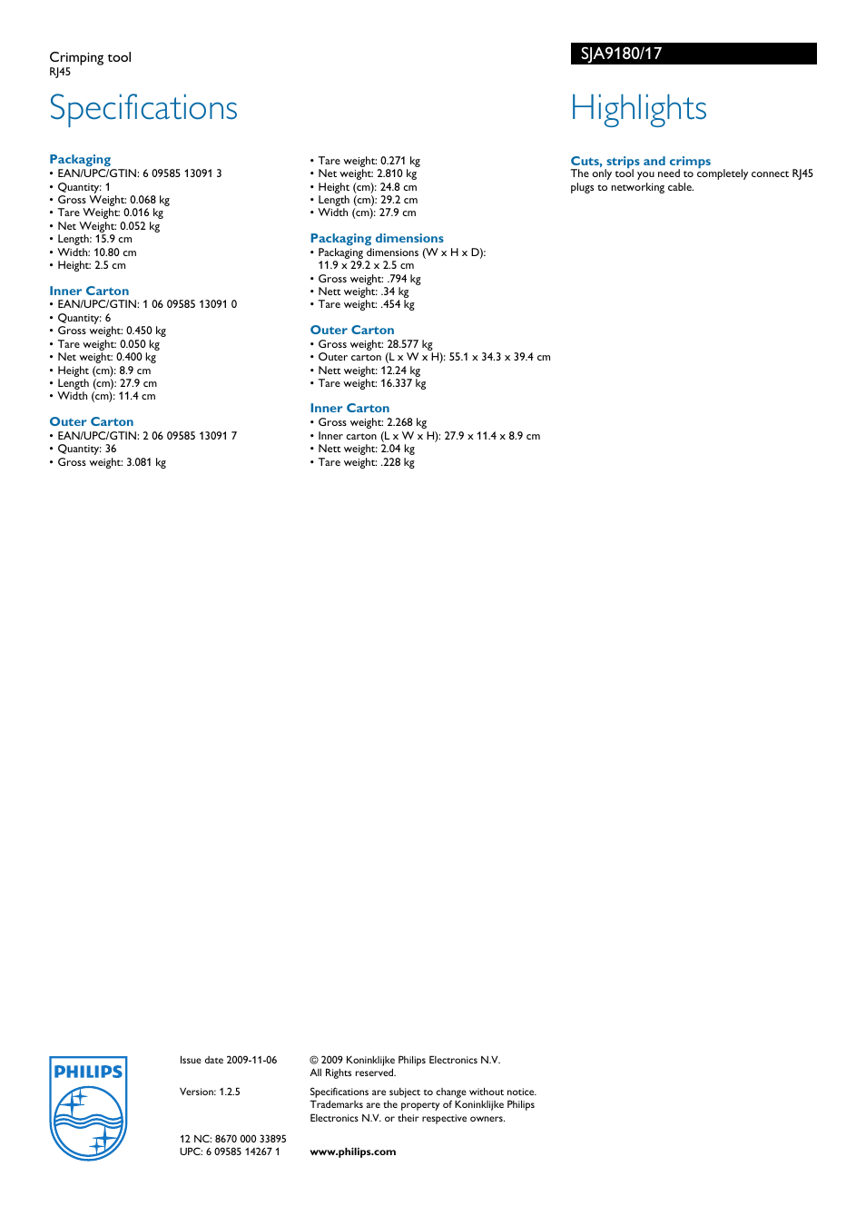 Specifications, Highlights | Philips SJA9180-17 User Manual | Page 2 / 2