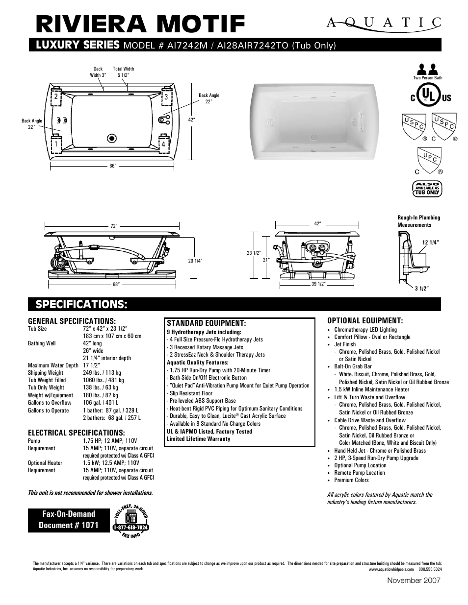 Aquatic RIVIERA MOTIF AI7242M User Manual | 1 page