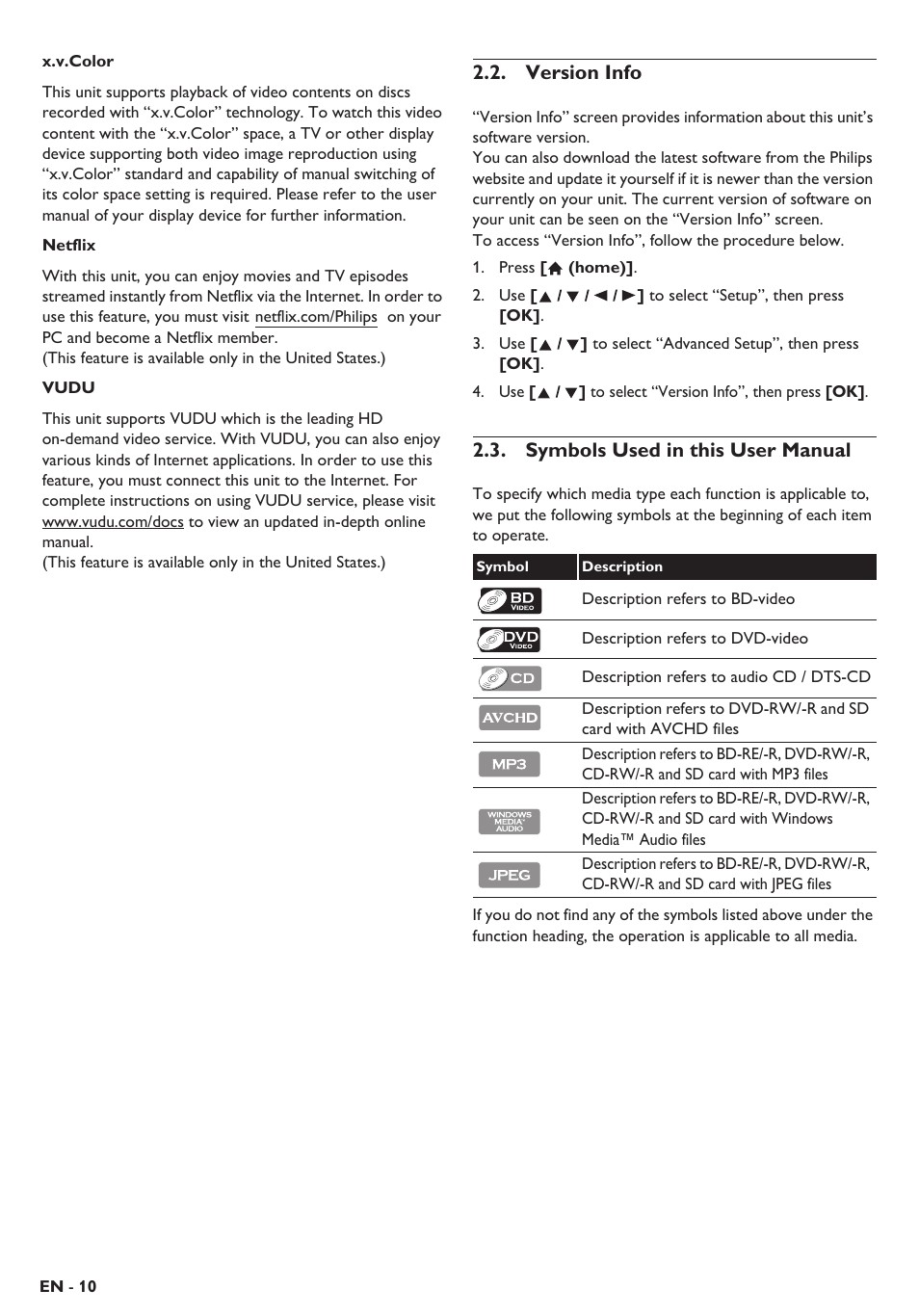 Version info, Symbols used in this user manual | Philips Blu-ray home theater system HTS3106 User Manual | Page 10 / 56