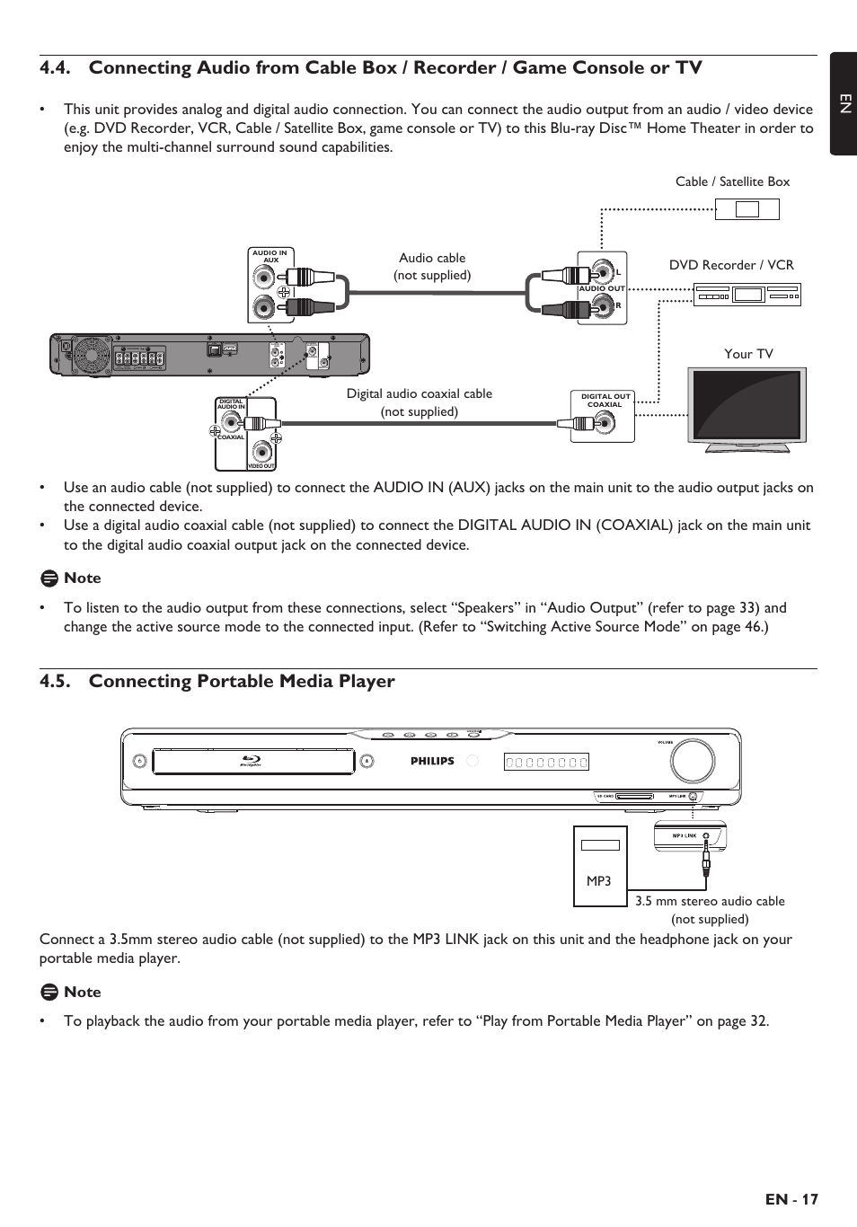 Connecting portable media player, En - 17 en | Philips Blu-ray home theater system HTS3106 User Manual | Page 17 / 56