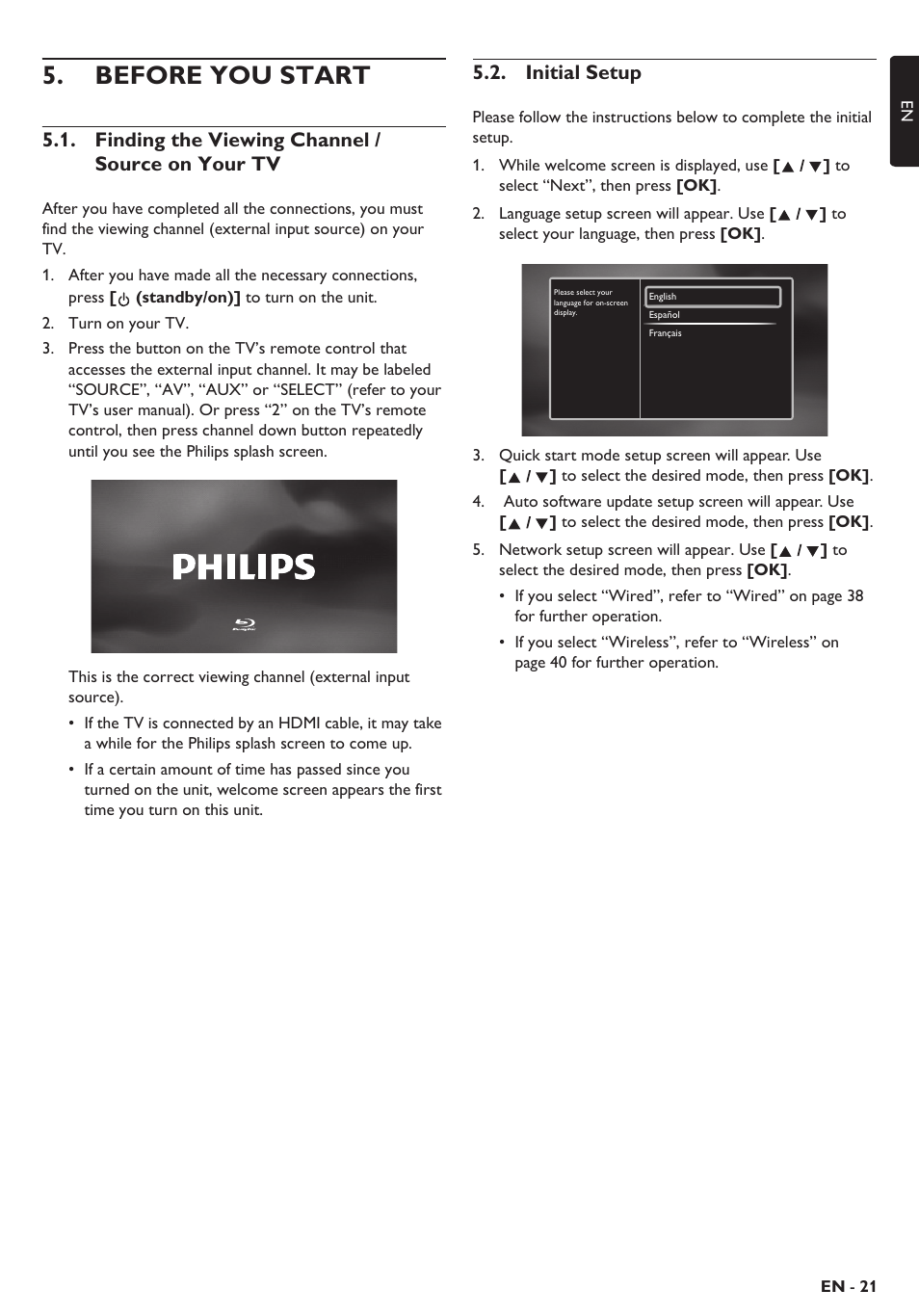 Before you start, Finding the viewing channel / source on your tv, Initial setup | Philips Blu-ray home theater system HTS3106 User Manual | Page 21 / 56