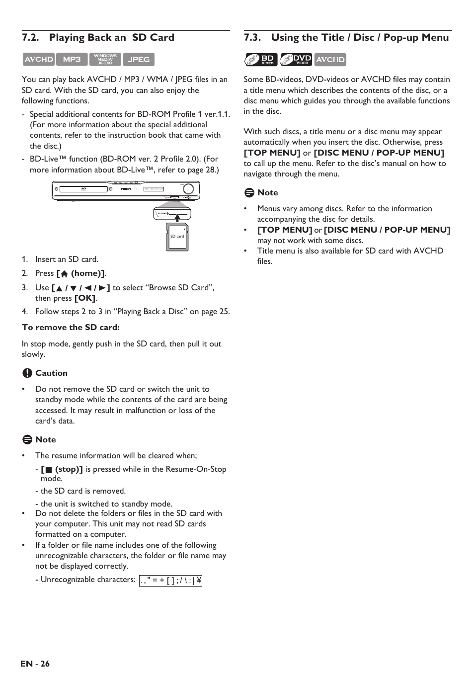 Playing back an sd card, Using the title / disc / pop-up menu | Philips Blu-ray home theater system HTS3106 User Manual | Page 26 / 56