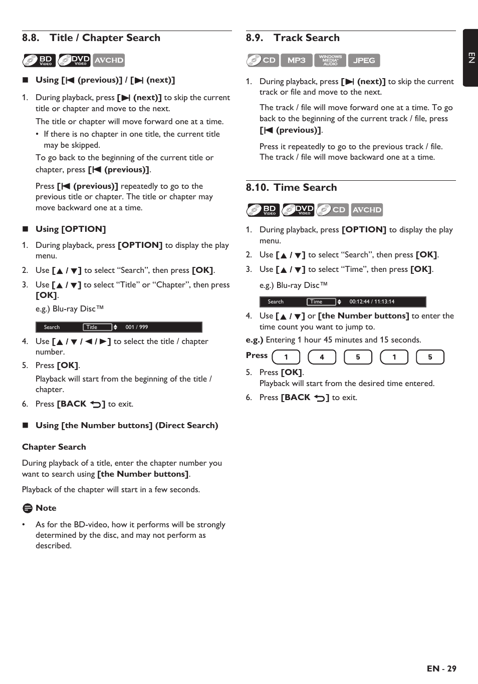 Title / chapter search, Track search, Time search | Philips Blu-ray home theater system HTS3106 User Manual | Page 29 / 56