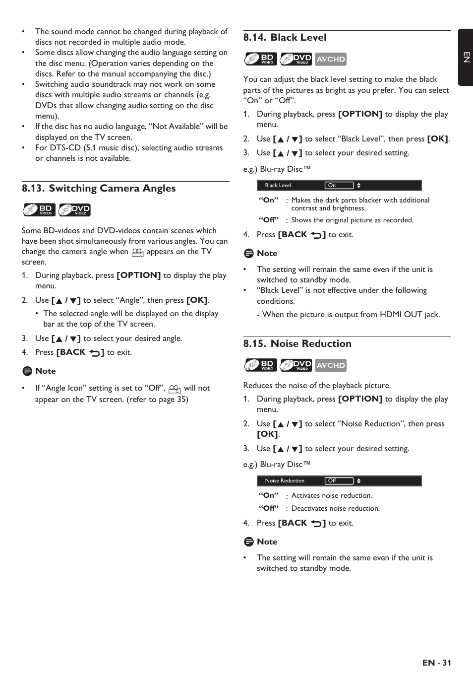 Switching camera angles, Black level, Noise reduction | Philips Blu-ray home theater system HTS3106 User Manual | Page 31 / 56