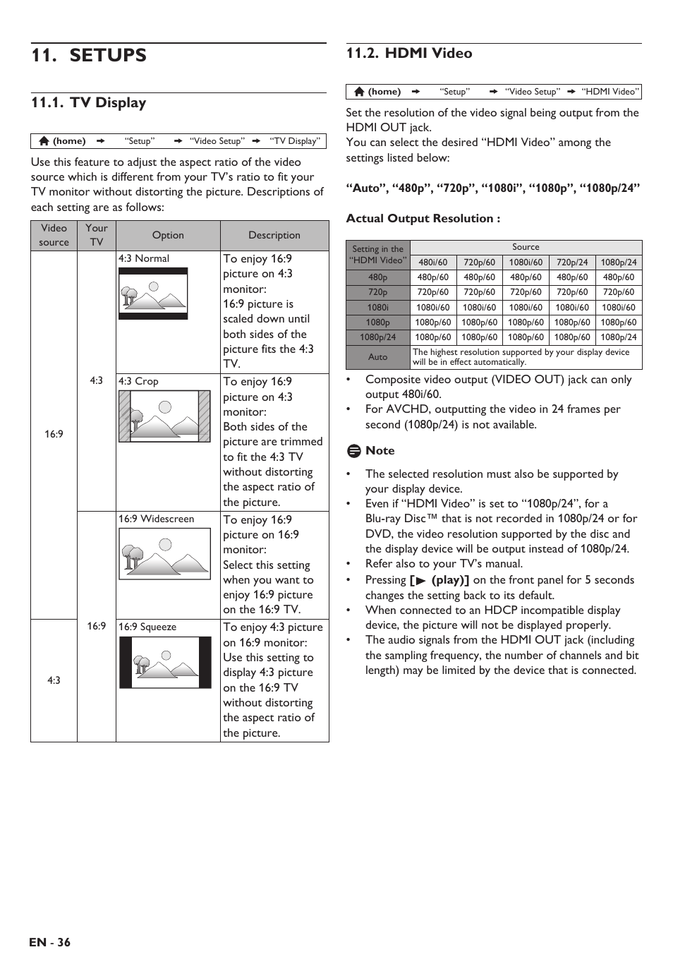 Setups, Tv display, Hdmi video | Philips Blu-ray home theater system HTS3106 User Manual | Page 36 / 56