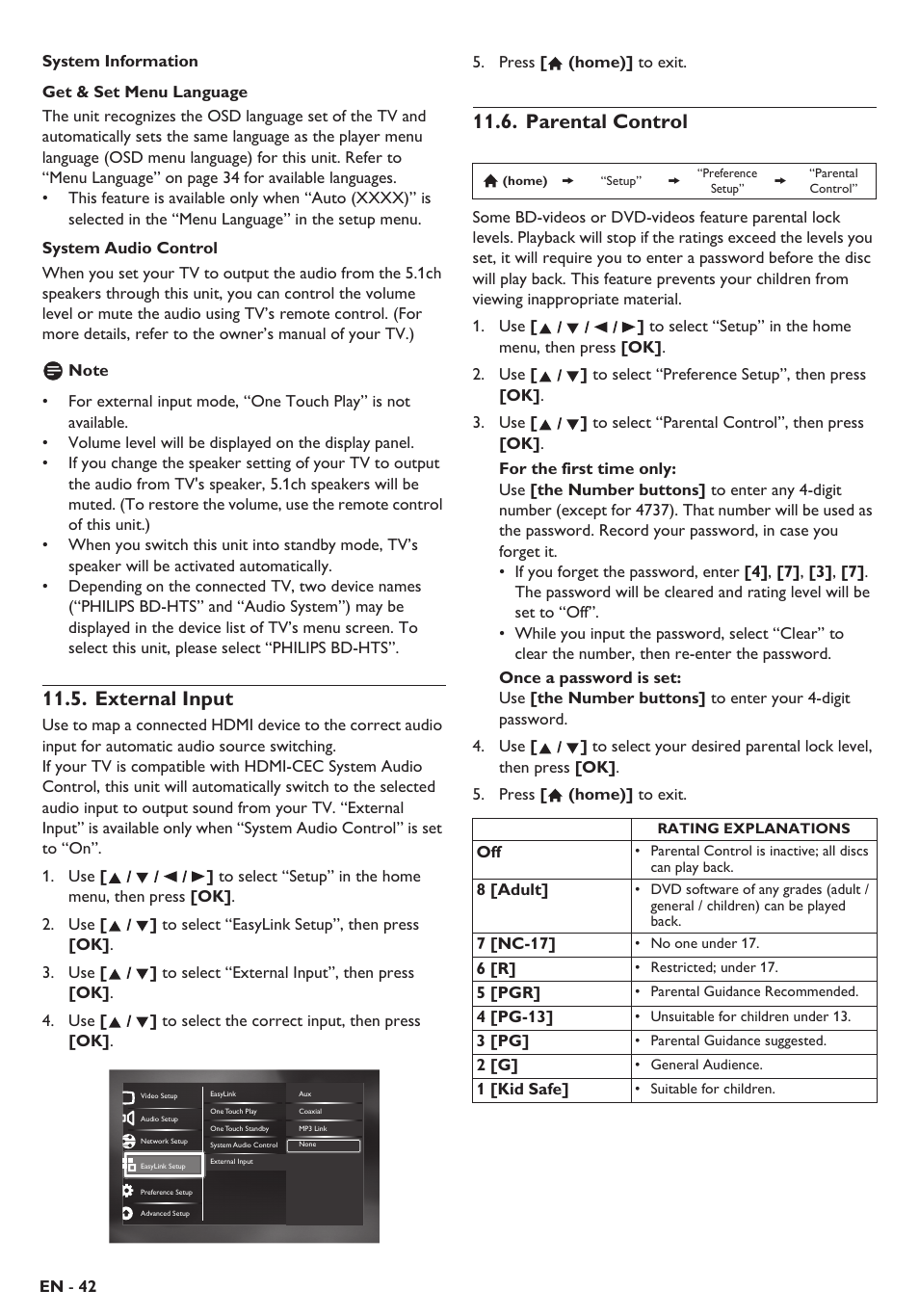 External input, Parental control | Philips Blu-ray home theater system HTS3106 User Manual | Page 42 / 56