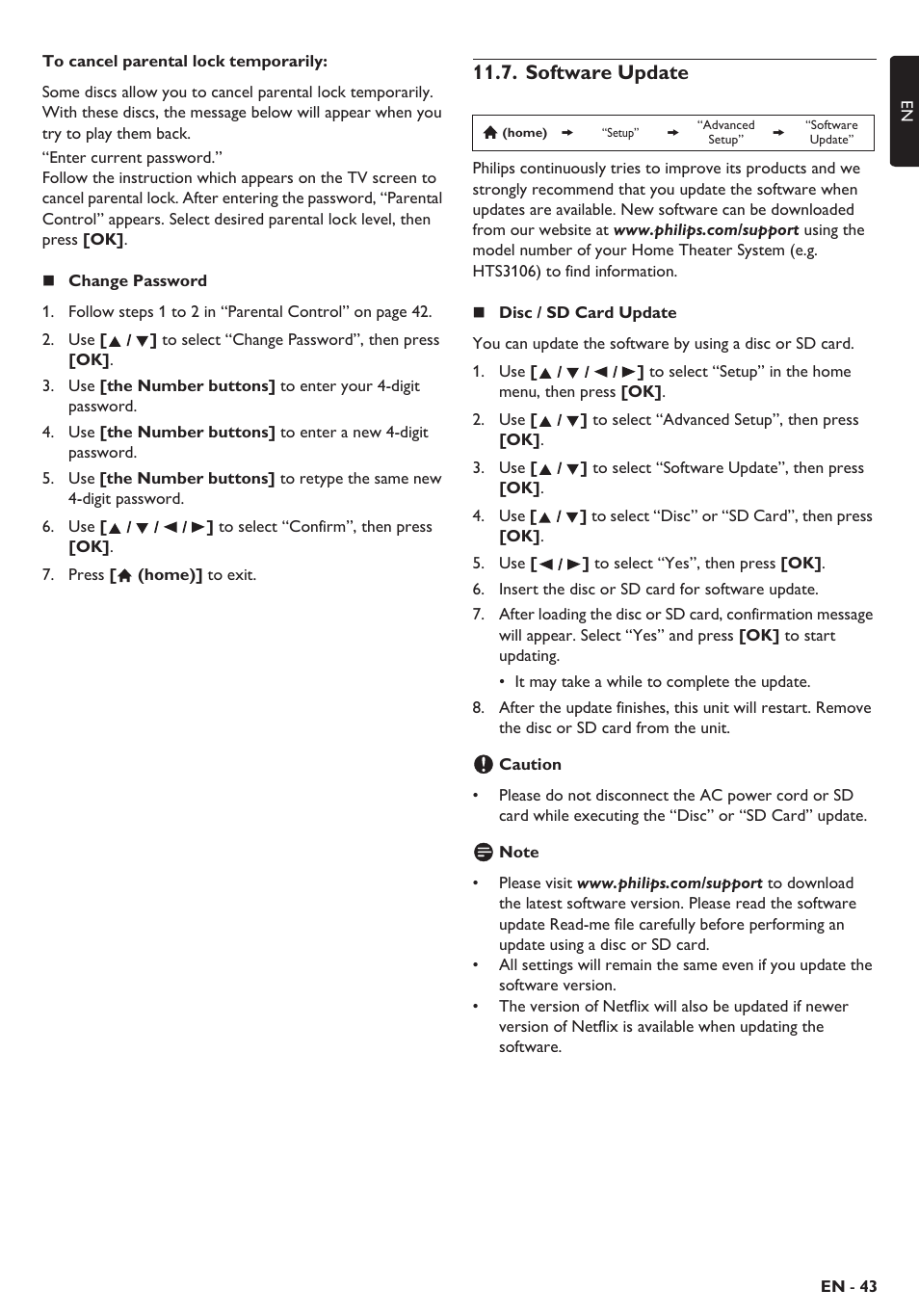 Software update | Philips Blu-ray home theater system HTS3106 User Manual | Page 43 / 56