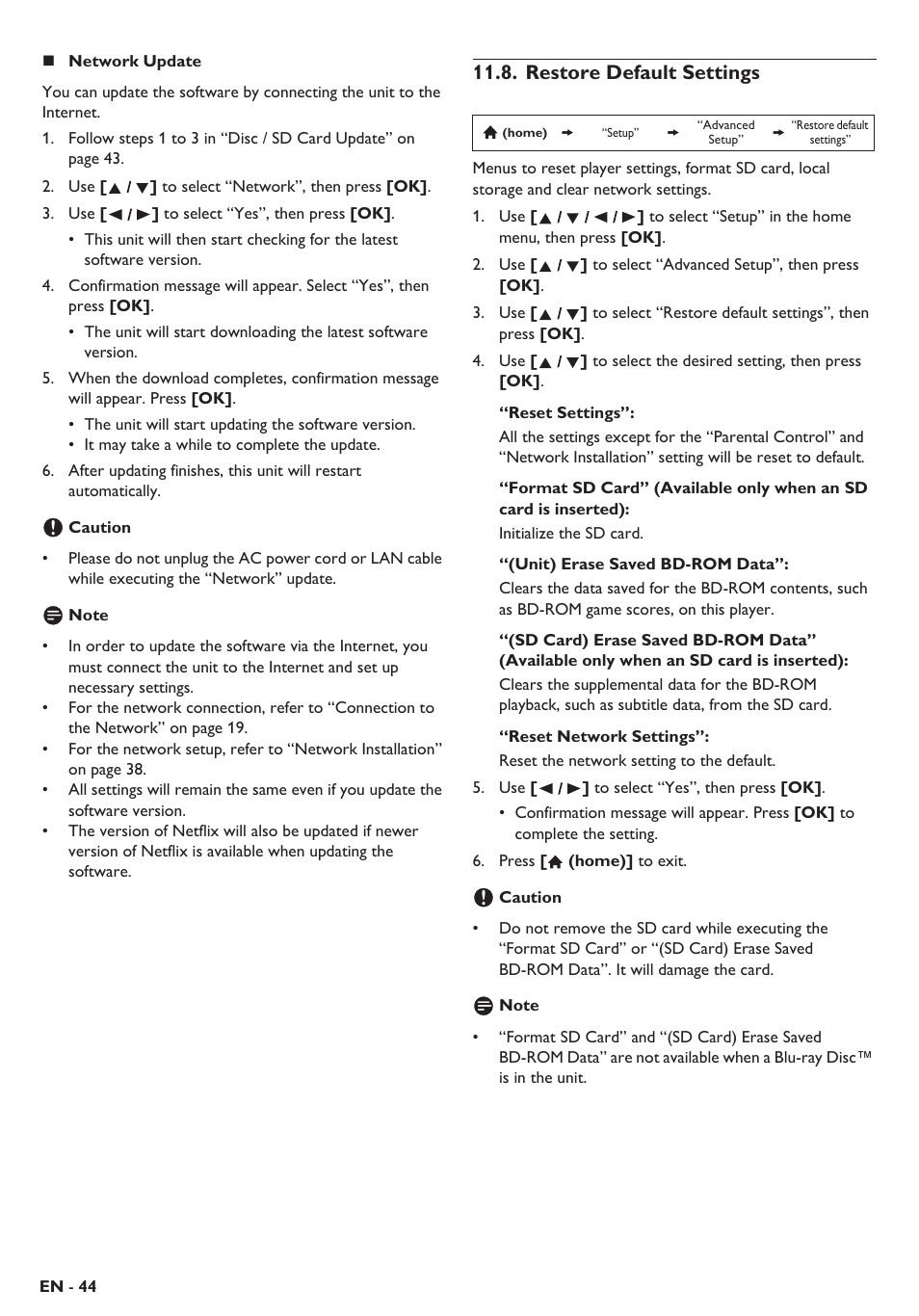 Restore default settings | Philips Blu-ray home theater system HTS3106 User Manual | Page 44 / 56