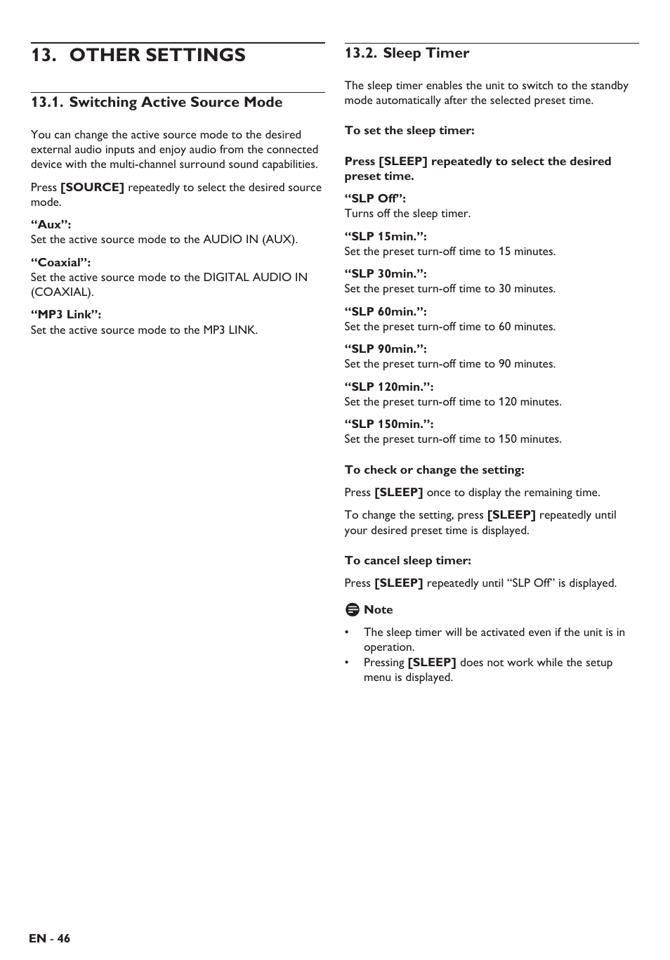 Other settings, Switching active source mode, Sleep timer | Philips Blu-ray home theater system HTS3106 User Manual | Page 46 / 56