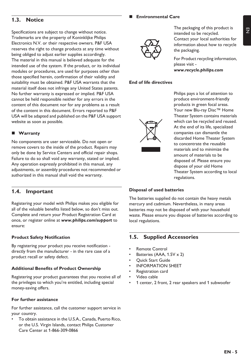 Notice, Important, Supplied accessories | Philips Blu-ray home theater system HTS3106 User Manual | Page 5 / 56