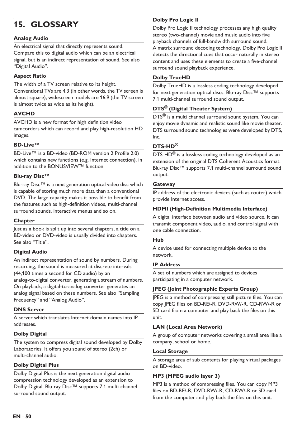 Glossary | Philips Blu-ray home theater system HTS3106 User Manual | Page 50 / 56