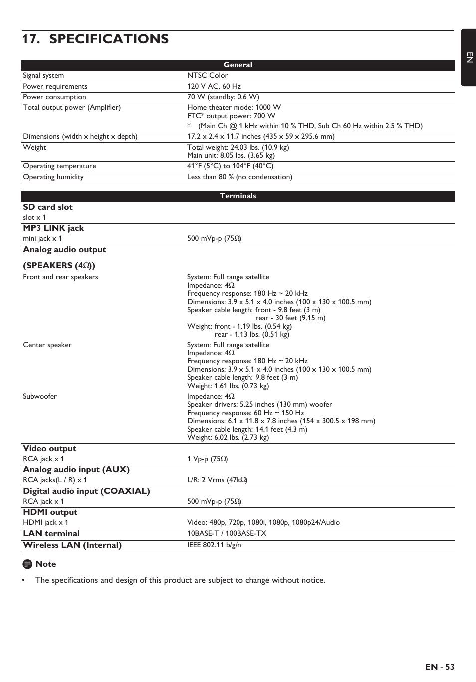 Specifications | Philips Blu-ray home theater system HTS3106 User Manual | Page 53 / 56