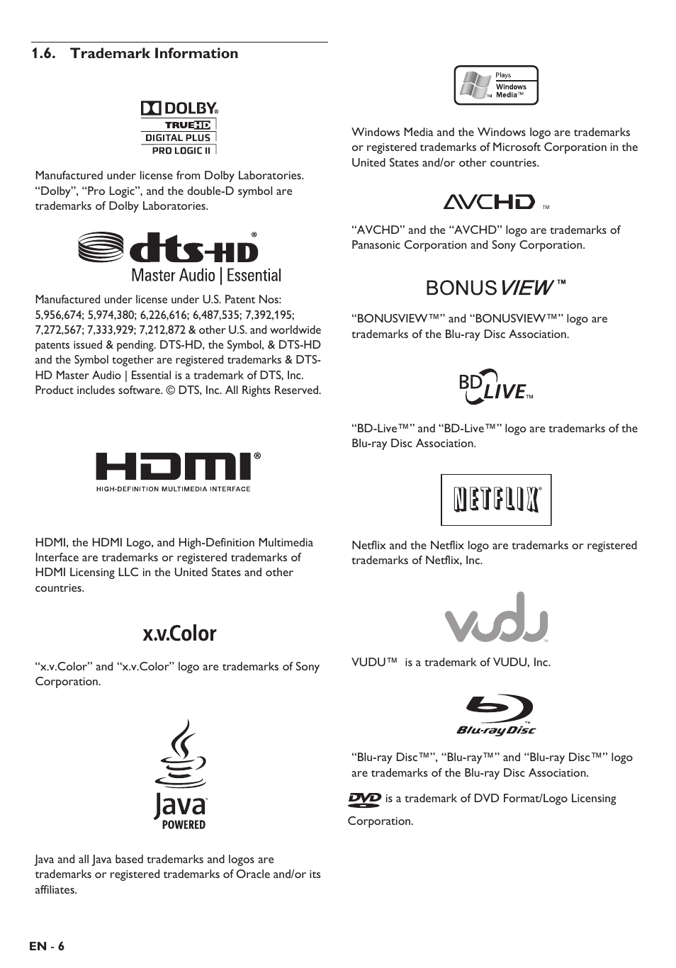 Trademark information | Philips Blu-ray home theater system HTS3106 User Manual | Page 6 / 56