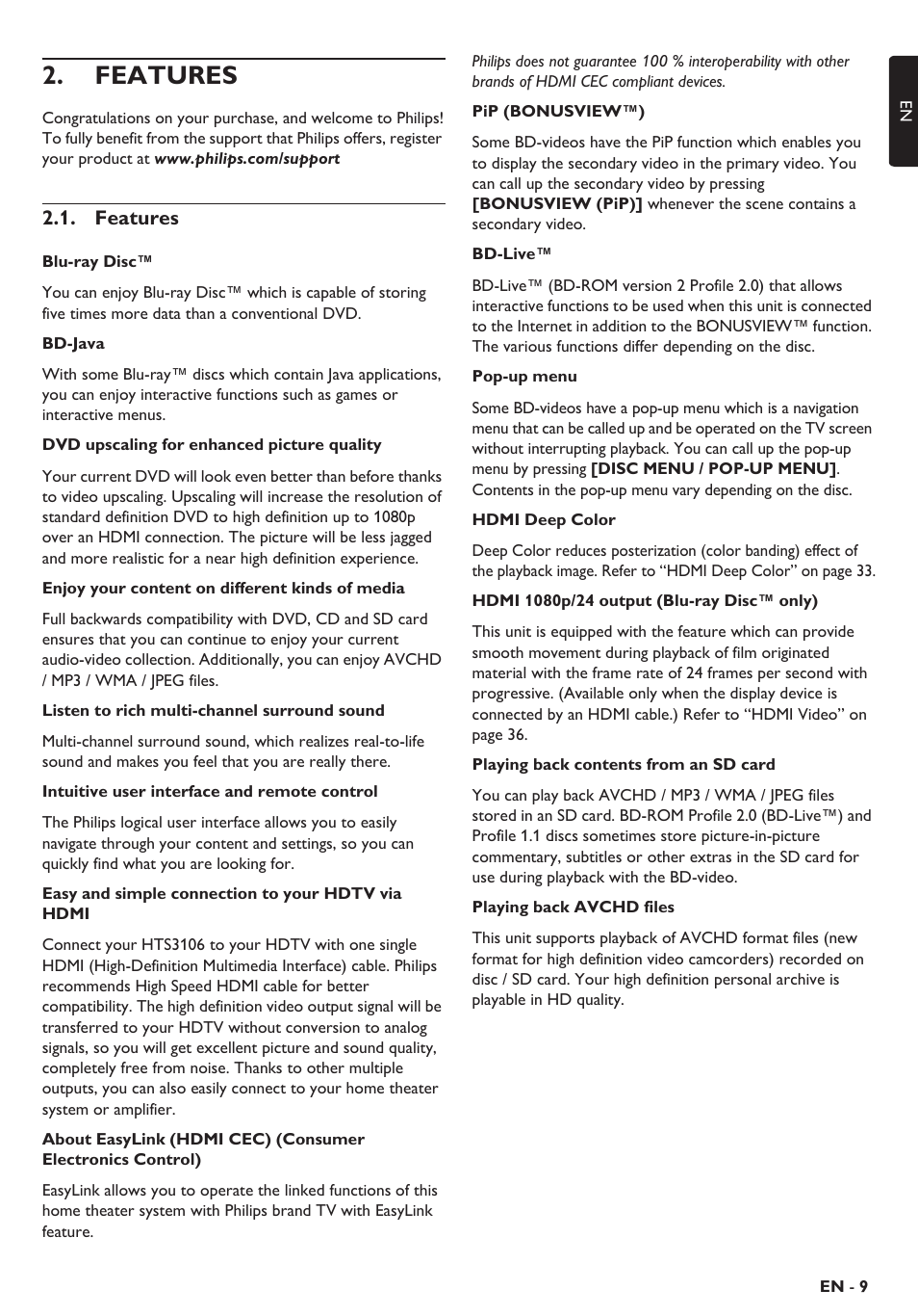 Features | Philips Blu-ray home theater system HTS3106 User Manual | Page 9 / 56