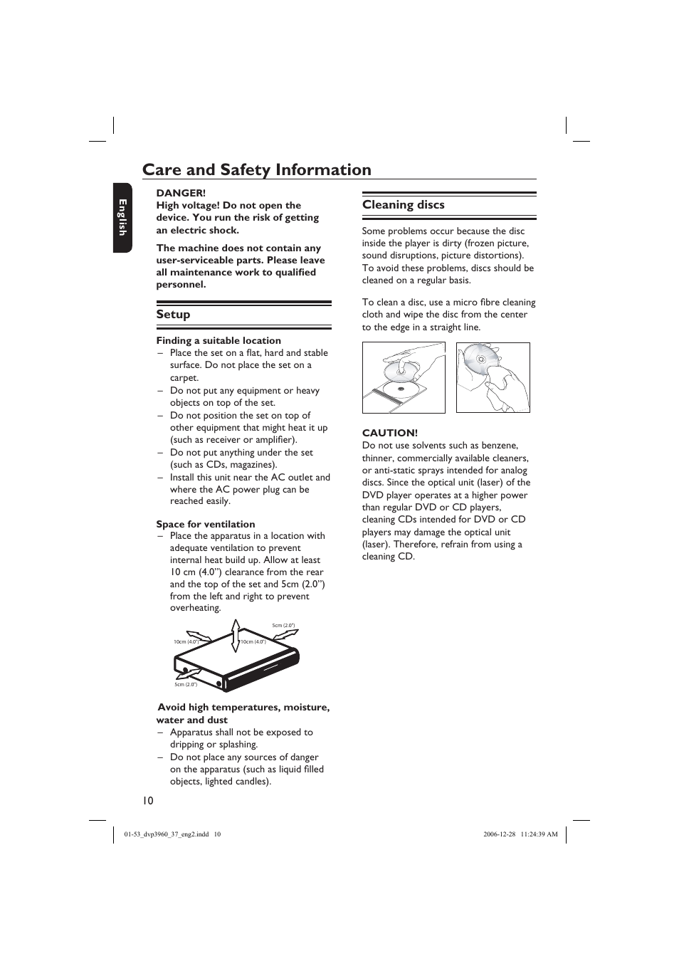 Care and safety information, Setup, Cleaning discs | Philips DVP3960-37B User Manual | Page 10 / 53